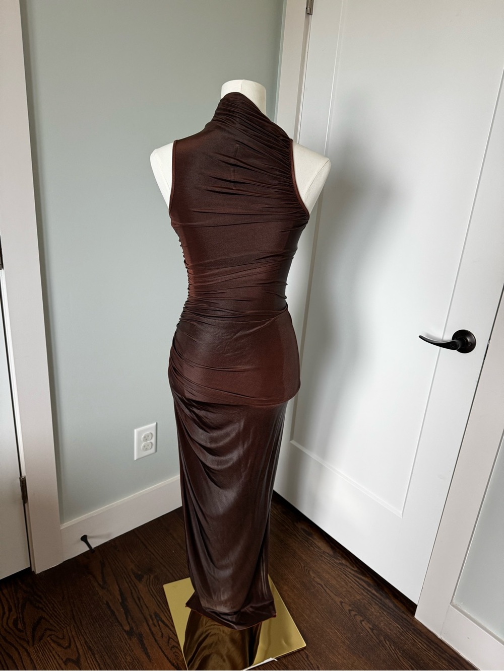 Rick Owens One-Shoulder Ruched Satin Gown in Dark Brown and Rust - Picture 4 of 8